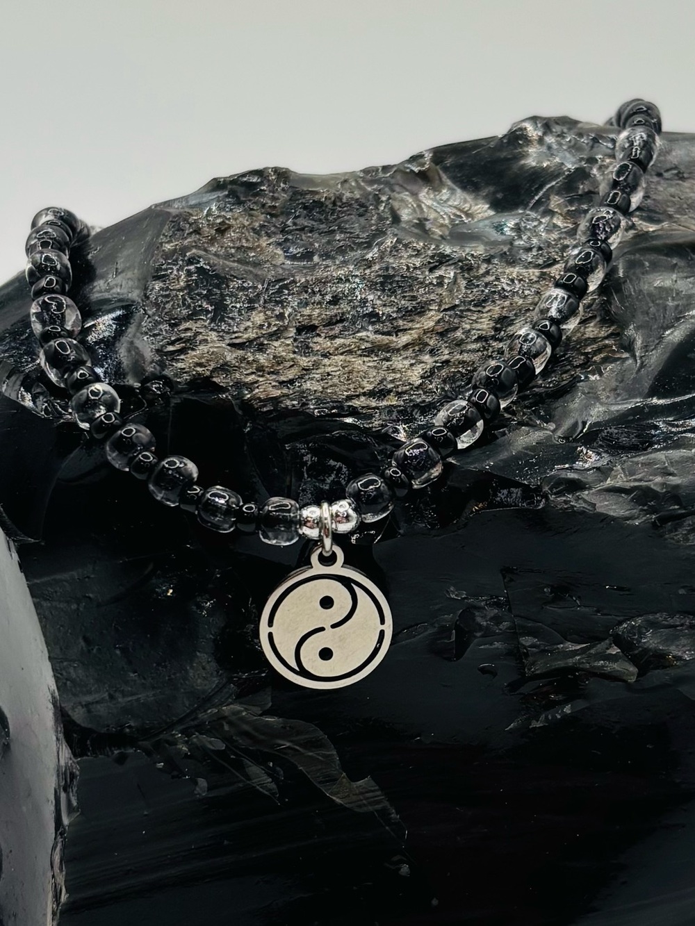 *ANKLET* S.Steel Silver Charm & Black Glass Stretchy Anklet